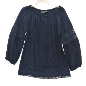 Anandas Collection Navy Blue Embroidered Peasant Blouse Crochet Lace Boho Top L